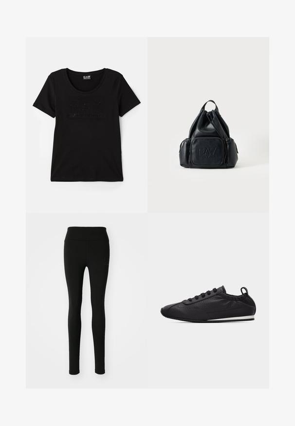 Camiseta negra de manga corta hecha de tela suave, con un logo sutil y brillante en un diseño tonal en la parte frontal. Escote redondo.; Leggings negros de tejido elástico, con una cintura alta y un logotipo discreto con piedras de strass en el lado izquierdo.; Zapatilla baja negra con textura, diseño de cordones, collar elástico en el tobillo, tira para tirar en el talón y una delgada franja blanca en la suela.; Mochila negra de cuero con cordón, con bolsillos delanteros y laterales con cremallera, con el logo "EA7 Emporio Armani" en relieve en el bolsillo delantero.