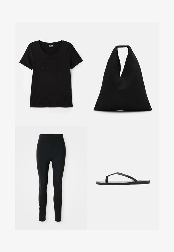 Camiseta negra de manga corta hecha de tela suave, con un logo sutil y brillante en un diseño tonal en la parte frontal. Escote redondo.; Leggings negros hechos de tela elástica, con una cintura alta y un pequeño logotipo impreso en una pierna. Textura suave, diseño ajustado.; Chancla negra con un diseño minimalista, que presenta tiras delgadas y una suela plana. El material parece plástico con una textura suave.; Bolsa de tela negra con un diseño en forma de V único y una textura suave. Presenta un asa corta con un detalle de hardware minimalista.