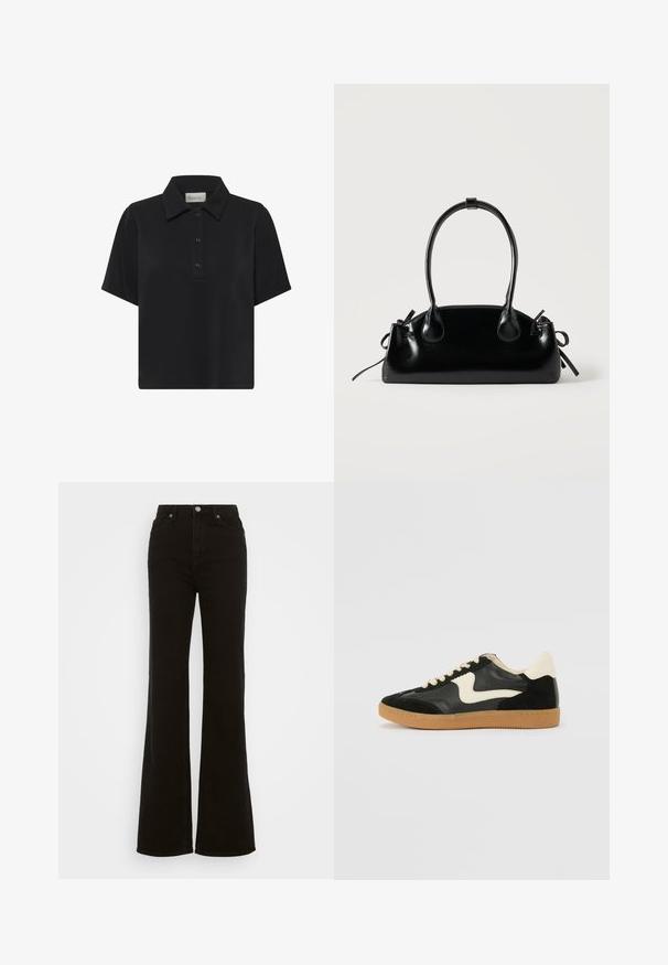 Polo noir à manches courtes avec col classique et patte à trois boutons, fabriqué en tissu lisse.; Jean évasé noir taille haute en denim, avec une fermeture à bouton, des poches latérales et une texture lisse.; Baskets en daim et cuir noir avec un swoosh latéral crème et un talon crème clair. Dotées de lacets beige et d'une semelle en caoutchouc gomme.; Petit sac à main noir brillant avec deux longues anses et des détails à cordon sur les côtés sur un fond clair uni.