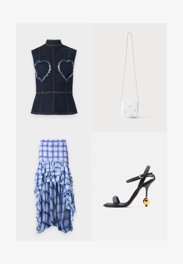 Haut en denim bleu foncé sans manches avec un col montant et des découpes en forme de cœur entourées de tissu effiloché au niveau de la poitrine.; Jupe à carreaux bleus avec des volants superposés, comportant des nuances de bleu et des motifs à carreaux bleus et blancs. Tissu léger, design longueur cheville.; Sandale noire à talon haut avec une fine bride cheville et un détail unique de talon sphérique doré, présentant un design à bout carré.; Petit sac blanc avec des symboles masculins bleus, bord inférieur festonné et une fine bandoulière chaîne sur fond uni.