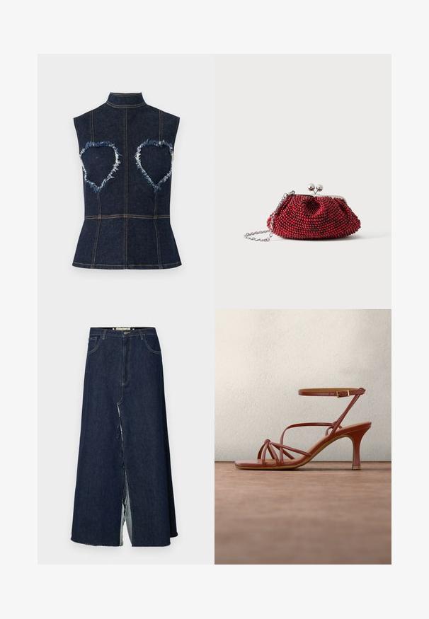 Haut en denim bleu foncé sans manches avec un col montant et des découpes en forme de cœur entourées de tissu effiloché au niveau de la poitrine.; Jupe longue en denim bleu foncé avec une fente à l'avant. Présente un design traditionnel à cinq poches et des accents de couture visibles. L'ourlet est effiloché.; Sandale à talons hauts marron avec lanières et boucle à la cheville, flottant au-dessus d'un sol en béton gris et d'un arrière-plan en verre flou.; Petit sac pochette rouge orné de perles, avec fermoir argenté et chaîne sur un fond blanc uni.