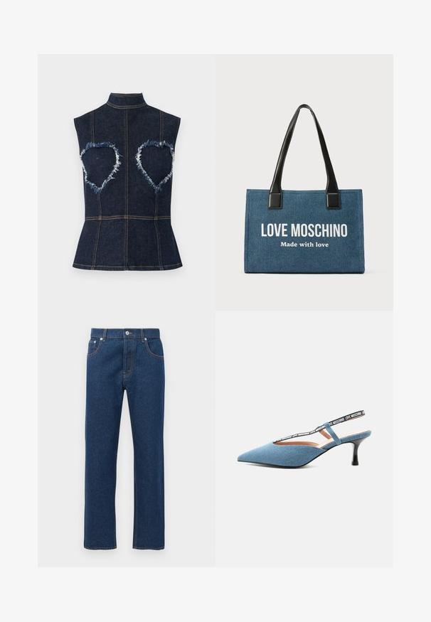 Haut en denim bleu foncé sans manches avec un col montant et des découpes en forme de cœur entourées de tissu effiloché au niveau de la poitrine.; Jean en denim bleu foncé à jambes droites avec poches avant et arrière, passants de ceinture, fermeture à bouton et couture orange visible.; Escarpin slingback bleu à bout pointu et talon kitten avec bride noire comportant le texte blanc « Love Moschino » sur fond clair.; Sac cabas rectangulaire bleu avec poignées noires, présentant le texte blanc "LOVE MOSCHINO" et un texte plus petit "Made with love" sur le devant.