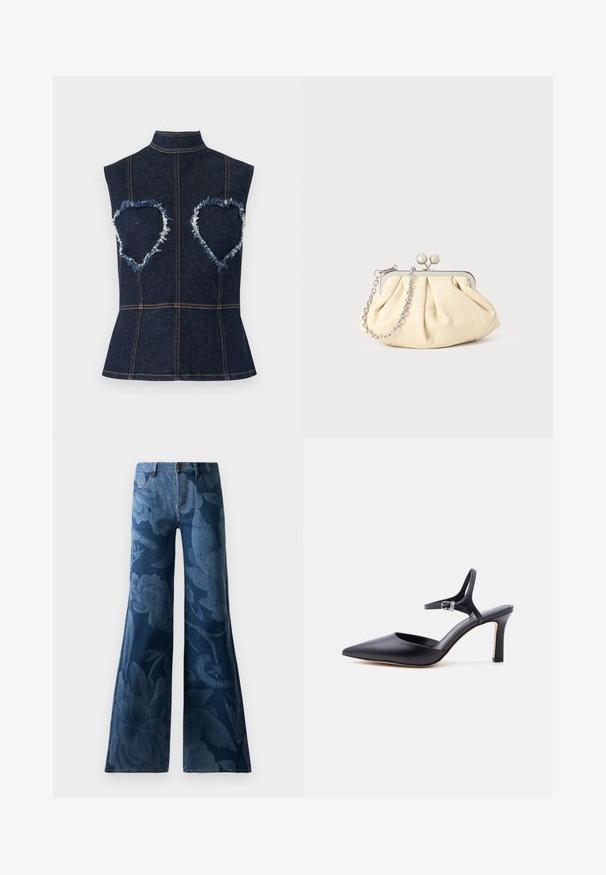Haut en denim bleu foncé sans manches avec un col montant et des découpes en forme de cœur entourées de tissu effiloché au niveau de la poitrine.; Jeans en denim évasés de couleur bleu foncé avec un imprimé floral ton sur ton. Design standard à cinq poches avec une fermeture à bouton et à glissière à l'avant.; Escarpin noir à bout pointu avec fine bride à la cheville et boucle argentée, finition en cuir lisse, chaussure élégante pour femme.; Pochette en cuir beige plissé avec un cadre en métal argenté, dotée de deux fermoirs ronds décoratifs et d'une chaîne en argent.