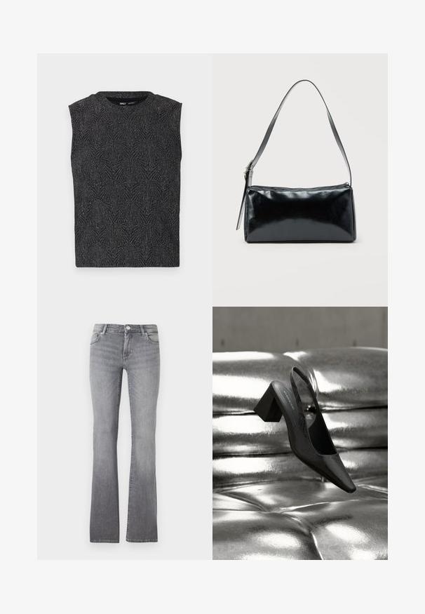 Haut sans manches noir avec un motif géométrique texturé, fabriqué à partir d'un tissu scintillant. Doté d'un col rond et d'une silhouette ajustée.; Jeans gris évasés en denim avec une texture douce, dotés d'un design à cinq poches et d'une fermeture à bouton métallique au niveau de la taille.; Escarpin noir à bride arrière avec bout pointu, présentant une surface texturée et un talon bloc épais. Posé sur un fond métallique brillant.; Sac d'épaule rectangulaire noir avec une sangle réglable unique et une fermeture éclair supérieure sur un fond uni.