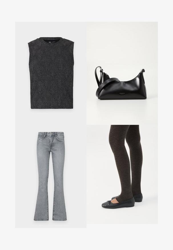 Haut sans manches noir avec un motif géométrique texturé, fabriqué à partir d'un tissu scintillant. Doté d'un col rond et d'une silhouette ajustée.; Jean flare gris clair en denim. Présente une taille haute, un design à cinq poches et un délavage avec des accents de couture le long des coutures.; Jambes portant des leggings côtelés foncés associés à des ballerines noires avec de petits détails en nœud sur fond blanc.; Sac à main en cuir noir avec une texture lisse. Dispose d'une bandoulière adjustable et d'un design élégant et minimaliste avec une fermeture éclair.