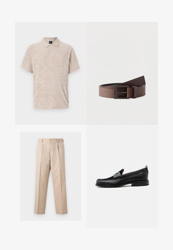 Polo beige à manches courtes avec un motif floral texturé subtil, patte à deux boutons, col et étiquette BOSS dans le col.; Pantalon beige à jambes droites avec plis, fermeture par bouton, passants pour ceinture et coupe ajustée.; Mocassin en cuir noir avec détail de bride grise, talon bas et semelle texturée, marqué "HUGO" en or sur le côté.; Ceinture en cuir marron avec une boucle rectangulaire en métal foncé mat, partiellement enroulée sur un fond blanc uni.