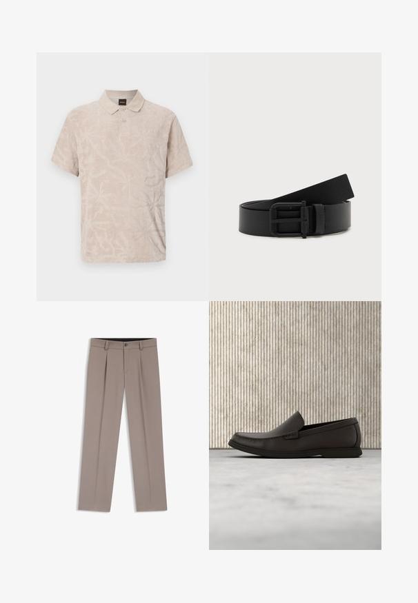 Polo beige à manches courtes avec un motif floral texturé subtil, patte à deux boutons, col et étiquette BOSS dans le col.; Pantalon homme sur mesure de couleur marron clair avec passants de ceinture, plis, bouton à l'avant et braguette zippée, posé à plat sur un fond blanc.; Mocassins en cuir marron foncé avec un bout arrondi, des détails de couture discrets et une semelle en caoutchouc basse. Texture lisse avec un ajustement flexible.; Ceinture en cuir noir enroulée avec une boucle en métal noir mat sur fond blanc.