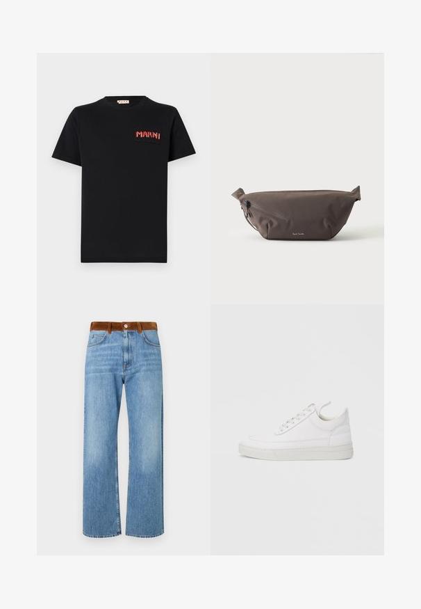 Sort bomulds T-shirt med en firkantet lomme og rød broderet "MARNI" tekst. Rund halsudskæring og korte ærmer, klassisk pasform.; Lys blå denim jeans med en lige ben-design, der har en brun ruskindslinning, frontlommer og lynlåslukning.; Hvid lædersneaker med rundet tå, flad sål og snørebånd foran. Har syningsdetaljer og polstret krave for komfort.; Mørkebrun stof talje taske med diagonalt lynlåslomme og lille hvidt logo på fronten, sat mod en ensfarvet lys baggrund.