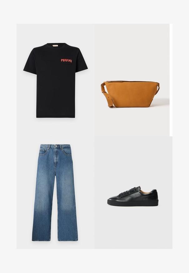 Zwart katoenen T-shirt met een vierkante zak en rode geborduurde tekst "MARNI". Ronde hals en korte mouwen, klassieke pasvorm.; Lange blauwe denim jeans met een klassiek vijf-pocket ontwerp, voor sluiting met een knoop en een lichte vervaging voor textuur.; Zwarte leren sneaker met een gladde textuur, ronde neus en vetersluiting. Heeft een dikke rubberen zool en minimale merkaanpassing.; Lichtbruine leren crossbodytas met verstelbare band en ritssluiting, getoond tegen een effen lichte achtergrond.