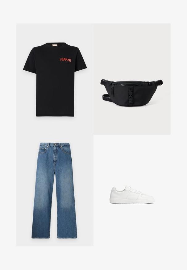 T-shirt en coton noir avec une poche carrée et le texte "MARNI" brodé en rouge. Encolure ronde et manches courtes, coupe classique.; Jean en denim bleu à jambes évasées avec un design classique à cinq poches, fermeture à bouton à l'avant et légères décolorations pour ajouter de la texture.; Baskets basses en cuir blanc à lacets à l’avant et semelle texturée, vues de profil sur un fond blanc uni.; Sac banane noir Moschino avec fermeture éclair frontale et sangle ajustable sur un fond uni clair.