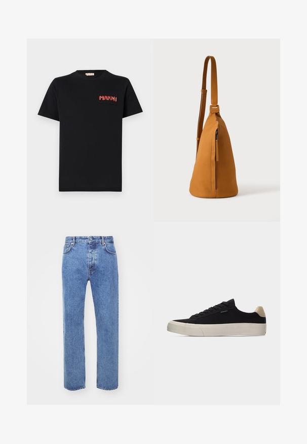 Sort bomulds T-shirt med en firkantet lomme og rød broderet "MARNI" tekst. Rund halsudskæring og korte ærmer, klassisk pasform.; Won Hundred STEVE - Jeans Relaxed Fit - cut blue; Sort lavsko med beige hælkappe, tyk hvid gummisål, sorte snørebånd og lille "PS Paul Smith" mærke på siden.; Tan læder crossbodytaske med justerbar rem og lodret lynlåslomme, vist fra siden mod en ensfarvet lys baggrund.