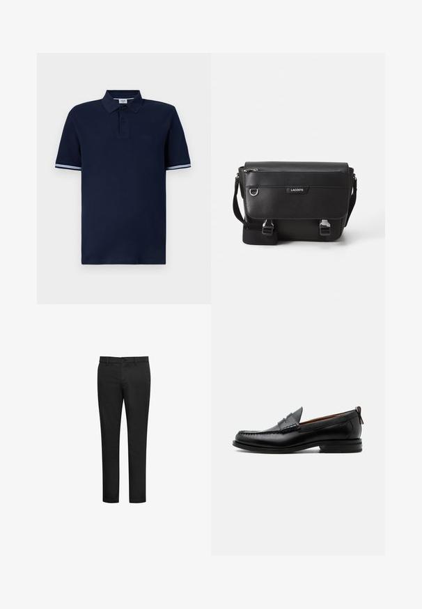 Námornícky modrá polo košeľa s textúrovanou tkaninou, dvojradovým zapínaním a manžetami s bielymi pruhmi. Obsahuje decentné logo na hrudi.; Čierne slim-fit nohavice s pútkami na opasok, predným gombíkom a zapínaním na zips, zobrazené na bielom pozadí.; Čierny kožený pánsky mokasín s prešitím moc toe, penny remienkom, textúrovaným golierom a nízkym vrstveným podpätkom na bielom pozadí.; Čierna textúrovaná messenger taška Lacoste s nastaviteľným popruhom, prednou chlopňou, zipsovou kapsou a kovovými prackami.