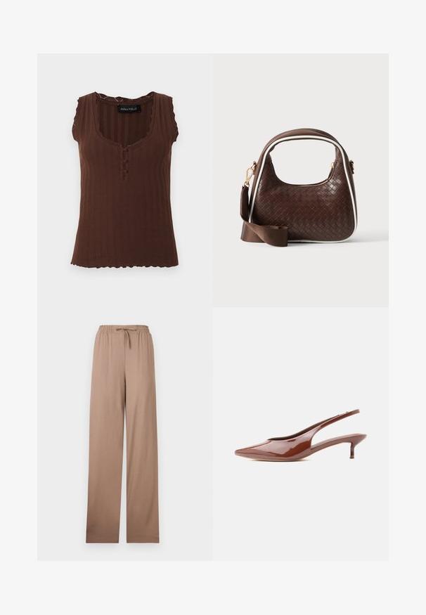 Top marron sans manches en maille côtelée avec des bords festonnés, trois boutons recouverts de tissu au niveau de l'encolure et un col rond dégagé.; Pantalon beige à jambe large avec taille élastique et cordon de serrage, en tissu léger, présenté à plat sur fond blanc.; Escarpin slingback brun brillant à talon kitten pointu avec bout pointu et talon bas et fin sur fond blanc.; Sac à main en cuir tressé marron avec passepoil blanc, fermeture éclair dorée et bandoulière amovible en tissu marron.