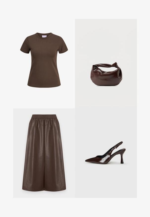 Camiseta marrón ajustada de manga corta con cuello redondo, mostrada sobre un fondo blanco.; Falda marrón de cuero sintético con cintura elástica, diseño de pierna ancha y textura suave y brillante. Sin patrones ni adornos.; Zapatos de tacón slingback de charol marrón con punta afilada, tacón delgado y correa ajustable con una pequeña hebilla.; Bolso de hombro de cuero marrón oscuro con una forma suave y caída, y un asa con nudo torcido sobre un fondo blanco liso.