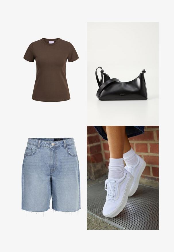 Camiseta marrón ajustada de manga corta con cuello redondo, mostrada sobre un fondo blanco.; Pantalones cortos de mezclilla azul claro con cintura alta, cinco bolsillos, dobladillo deshilachado y un cierre clásico de botón. Hechos de una suave tela texturizada.; Zapatillas de lona blancas con suelas de goma, que presentan seis ojales, puntera redonda y detalles de costura ligera, combinadas con calcetines blancos hasta el tobillo.; Bolso de mano de cuero negro con una textura suave. Cuenta con una correa ajustable y un diseño elegante y minimalista con cierre de cremallera.
