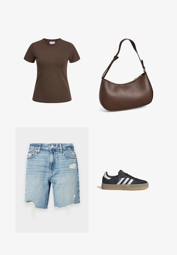 Camiseta marrón ajustada de manga corta con cuello redondo, mostrada sobre un fondo blanco.; Pantalones cortos de denim azul claro con una cintura alta. Presentan detalles desgastados con un dobladillo deshilachado y múltiples bolsillos. Diseño clásico de cinco bolsillos.; Zapatilla deportiva de cuero negro con tres rayas plateadas, punta texturizada y suela de goma. Cuenta con un collar acolchado y un diseño con cordones.; Pequeño bolso bandolera de cuero marrón con correa ajustable y cierre de cremallera, mostrado sobre un fondo blanco. Sin logotipos ni adornos visibles.