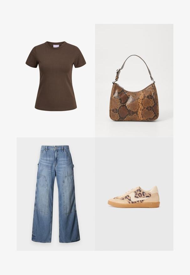 Brun tætsiddende T-shirt med korte ærmer og rund halsudskæring, vist på hvid baggrund.; Good American GOOD EASE RELAXED - Jeans Relaxed Fit - indigo; Leopardprint sneakers med beige ruskindsoverdel, tan gummisål og hvide detaljer. Rund pegefinger og snørebåndsdesign med en tekstureret finish.; Lille håndtaske med brun og sort slangeskinn mønster, kort justerbar rem og lynlåslukning.