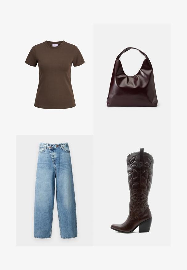 Camiseta marrón ajustada de manga corta con cuello redondo, mostrada sobre un fondo blanco.; ONLY ONLECHO WIDE UNEAVEN - Pernera ancha - medium blue denim; Bota vaquera alta de cuero marrón oscuro con patrones decorativos cosidos, punta puntiaguda y tacón de bloque apilado.; Bolso tote vegan de cuero brillante en burdeos, con una forma suave y escultórica y un asa ancha y curvada para facilitar el transporte.