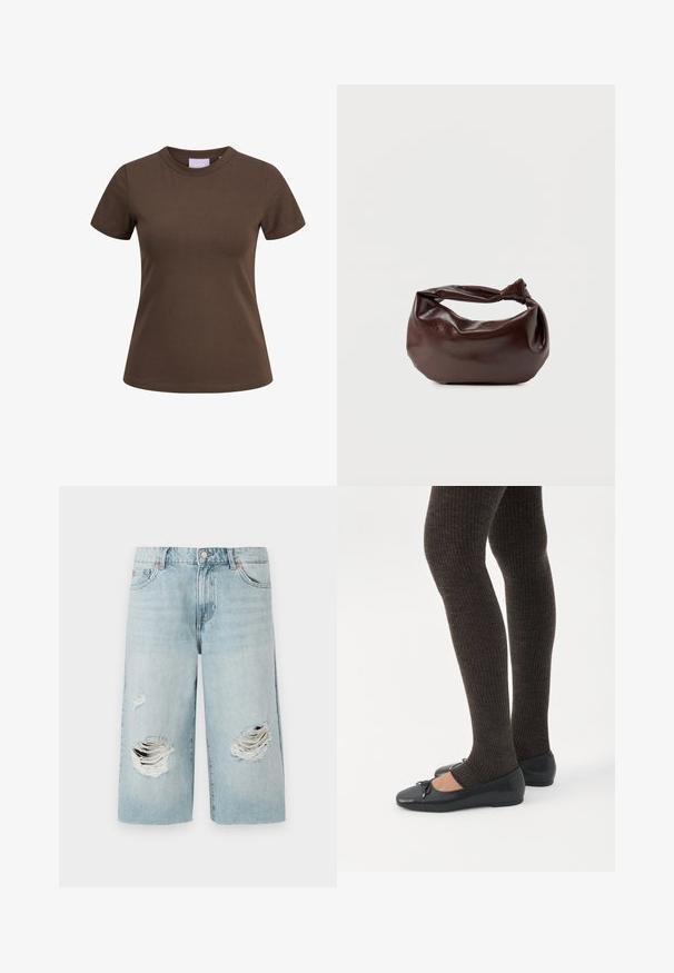 Brun tætsiddende T-shirt med korte ærmer og rund halsudskæring, vist på hvid baggrund.; Lyseblå denimshorts med løs pasform, der har to store slidte huller foran. Fem lommer og en synlig metalknaplukning.; Ben iført mørke ribbede leggings kombineret med sorte balletsko med små sløjfedetaljer på hvid baggrund.; Mørkebrun læder skuldertaske med en blød, afslappet form og et snoet knudehåndtag på en ensartet hvid baggrund.