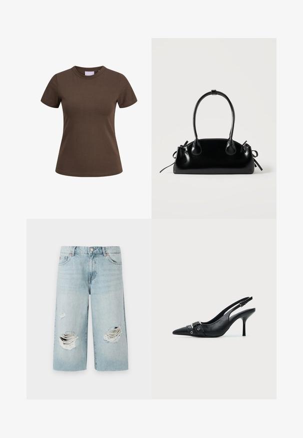 Brun tætsiddende T-shirt med korte ærmer og rund halsudskæring, vist på hvid baggrund.; Lyseblå denimshorts med løs pasform, der har to store slidte huller foran. Fem lommer og en synlig metalknaplukning.; Sort læder højhælet sko med spidst tåparti, slingback og rem med spænde og nitter foran.; Lille sort blank håndtaske med to lange håndtag og snøre-detaljer i siden på en ensfarvet lys baggrund.