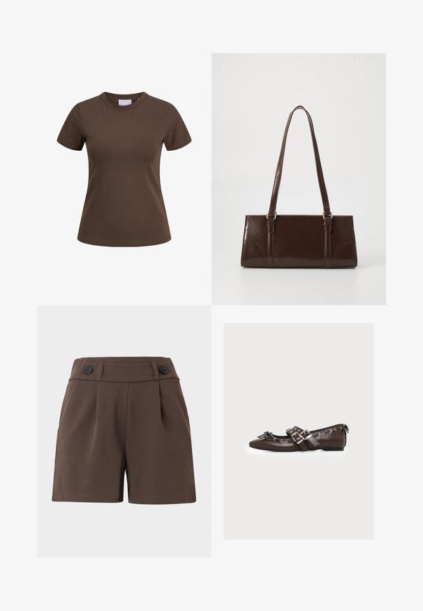 Bruine nauwsluitende T-shirt met korte mouwen en ronde hals, afgebeeld op een witte achtergrond.; Bruine shorts gemaakt van een stoffen met structuur, met een hoge taille, plooien en twee zwarte knopen aan de voorkant. Tailored ontwerp met zijzakken.; Bruine leren platte schoen met dubbele zilveren gespen, decoratieve veters langs de randen en een kleine strik op de puntige neus.; Bruine lakleren handtas met een rechthoekige vorm, twee lange handvatten en subtiele gebogen accenten aan de voorkant.
