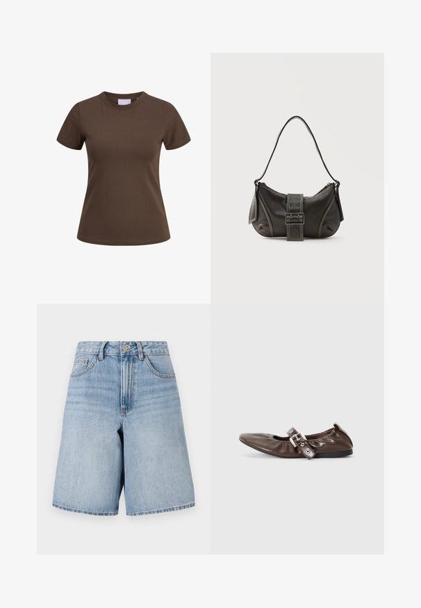 Brun tætsiddende T-shirt med korte ærmer og rund halsudskæring, vist på hvid baggrund.; Sandyblå denimshorts med høj talje, vide ben og forlommer. Har en øverste knap og lynlåslukning. Slidt look.; Brun lakeret flad sko med spids tå, elastisk sløjfedetalje og en sølvspændeaccent på siden. Sort gummisål.; Sort læder skuldertaske med spænde på remmen, afrundede kanter og kontrasterende hvide syninger på en ensfarvet baggrund.