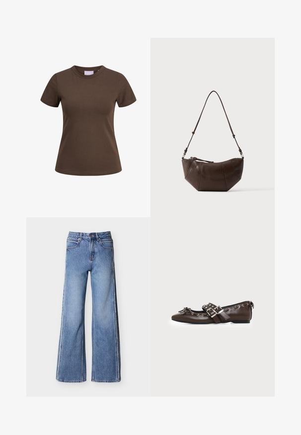 Brun tætsiddende T-shirt med korte ærmer og rund halsudskæring, vist på hvid baggrund.; Blå jeans med vide ben lavet af denim, med høj talje, kontrasterende syninger og en subtil falmet tekstur.; Mørkebrune lædersko med flad sål og spids snude, dobbelt sølvsnørrebånd, metaløjer og dekorativ sløjfe foran.; Brun læder skuldertaske med buet bund og justerbar rem mod en ensfarvet lys baggrund.