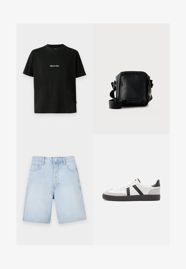 Zwarte katoenen T-shirt met korte mouwen, met een witte geborduurde tekst "Original Studio" over de borst en een ronde hals.; Lichtblauwe denim shorts met een rechte snit, voorzien van voorzakken, een knoopsluiting en casual stiksels. Glad textuur zonder patronen.; Witte sneaker met zwarte en grijze accenten, voorzien van een grijze neus met textuur, zwarte rubberen zool en platte witte veters. Schoon ontwerp, minimalistische stijl.; Zwarte compacte crossbodytas met voorvak met rits, verstelbare riem en gestructureerde stof tegen een effen achtergrond.