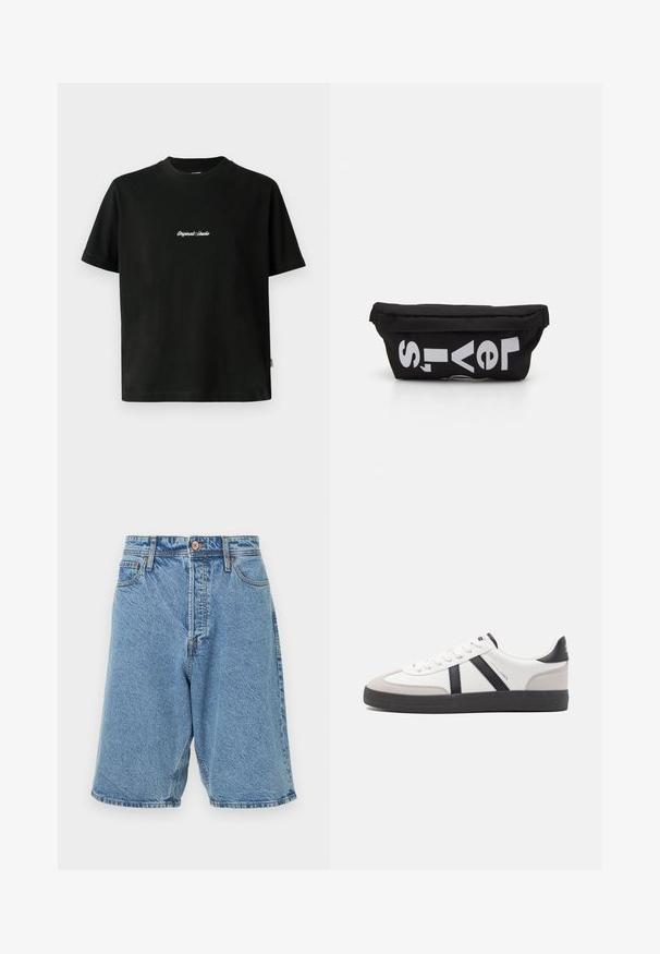 Zwarte katoenen T-shirt met korte mouwen, met een witte geborduurde tekst "Original Studio" over de borst en een ronde hals.; Denim shorts in lichtblauw met een vervaagde textuur. Voorzien van een sluiting met knoop aan de voorkant, riemlussen en zijzakken. Zware stiksels als accent.; Witte sneaker met zwarte en grijze accenten, voorzien van een grijze neus met textuur, zwarte rubberen zool en platte witte veters. Schoon ontwerp, minimalistische stijl.; Zwarte stoffen tas met een platte vorm, voorzien van vet witte tekst. De ritssluiting bevindt zich aan de bovenkant, met een lus-detail aan één kant.