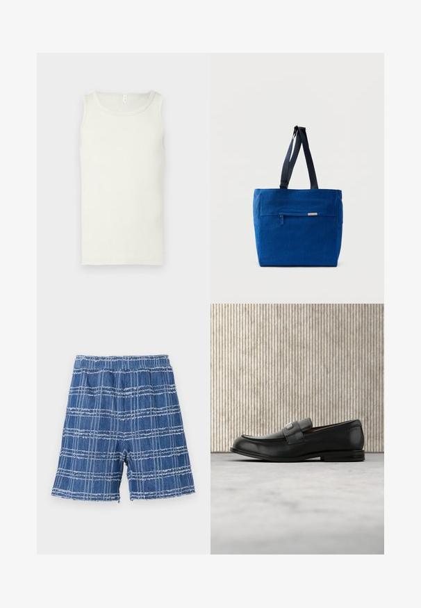 Débardeur en coton blanc avec un col rond, des bretelles larges et une coupe ajustée. Texture lisse, sans motifs ni accents.; Shorts en denim avec un ourlet effiloché, présentant un motif à carreaux bleus. Taille élastique, coupe droite et texture douce.; Mocassin en cuir noir avec une plaque de marque en métal reposant près d'une table ronde marron sur un sol recouvert de moquette beige.; Sac fourre-tout en toile bleue avec une poche zippée à l'avant, des doubles bretelles et une forme rectangulaire. Dispose d'une étiquette de marque discrète.