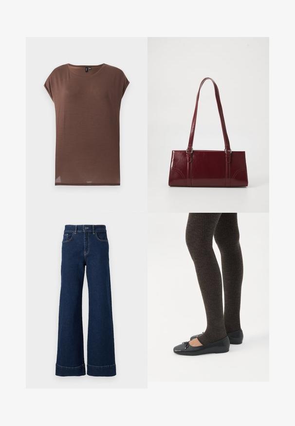 Haut marron à manches courtes en tissu doux et léger. Il présente un col rond et une coupe décontractée avec un ourlet droit.; Jean en denim bleu foncé à coupe large. Présente un design classique à cinq poches, une fermeture à bouton et des détails de ourlet replié.; Jambes portant des leggings côtelés foncés associés à des ballerines noires avec de petits détails en nœud sur fond blanc.; Sac à main bordeaux en matériau brillant, de forme rectangulaire, avec deux anses et des accents légèrement courbés à l'avant.