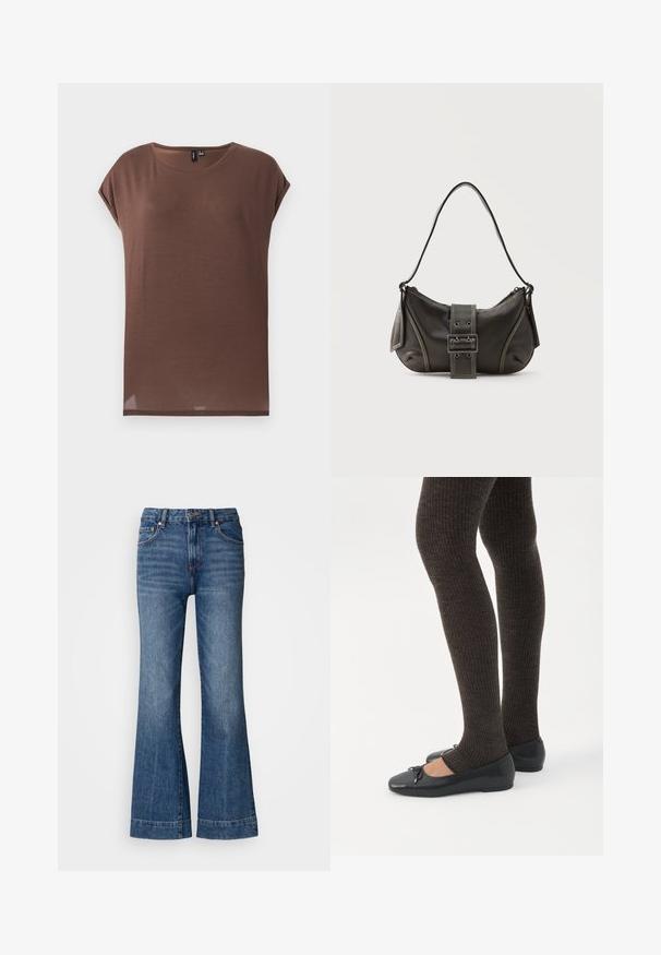 Haut marron à manches courtes en tissu doux et léger. Il présente un col rond et une coupe décontractée avec un ourlet droit.; Jean en denim évasés de couleur bleu foncé. Comprend cinq poches, des passants de ceinture et des coutures orange. Texture lisse avec un design classique.; Jambes portant des leggings côtelés foncés associés à des ballerines noires avec de petits détails en nœud sur fond blanc.; Sac à épaule en cuir noir avec une sangle à boucle, des bords arrondis et des coutures blanches contrastées sur un fond uni.