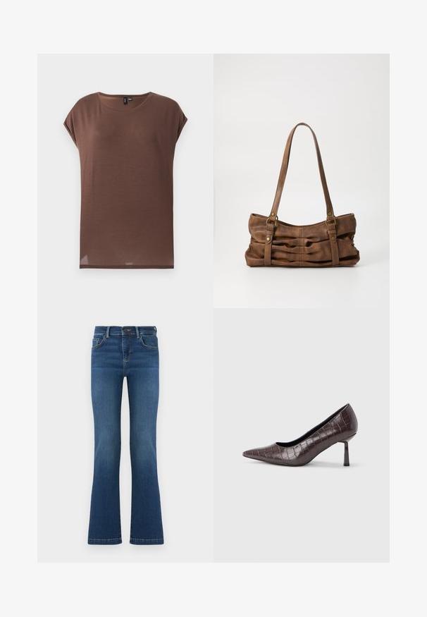 Haut marron à manches courtes en tissu doux et léger. Il présente un col rond et une coupe décontractée avec un ourlet droit.; Jean en denim bleu avec une coupe légèrement évasée, cinq poches, fermeture par boutons et passants pour ceinture, présenté sur un fond uni.; Escarpins à bout pointu en similicuir marron avec une texture crocodile, dotés d’un talon fin et angulaire ainsi que d’une doublure intérieure lisse.; Even&Odd by Zalando Sac à main - brown