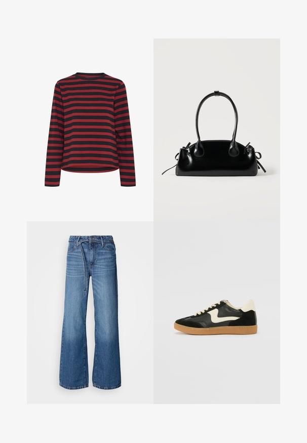Camisa de manga larga a rayas negras y rojas, con cuello redondo, de tela de algodón, corte relajado, con dobladillo recto y costuras laterales.; Jeans de mezclilla de pierna ancha en un tono azul claro. Presentan una cintura alta, costuras visibles y un cinturón de lazo. Textura desgastada hacia la parte inferior.; Zapatillas de deporte de ante y cuero negro con un swoosh lateral en crema y un talón en crema claro. Presenta cordones beige y una suela de goma marrón.; Pequeño bolso negro brillante con dos asas largas y detalles de cordón lateral sobre un fondo claro liso.