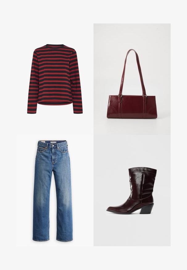 Langærmet skjorte i sort og rød stribede, rund halsudskæring, lavet af bomuldsstof, afslappet pasform, med en lige kant og sidesømmer.; Lyseblå denimjeans med høj talje, bred benstil, klassisk fem-lomme design og subtil falmning på stoffet.; Bordeaux læder ankelstøvler med spids tå, tekstureret overflade og en lav, taperet hæl. Har diskrete søm og en tætsiddende pasform.; Bordeaux håndtaske lavet af glansfuldt materiale, rektangulær form, med to skulderremme og subtile buede detaljer på forsiden.