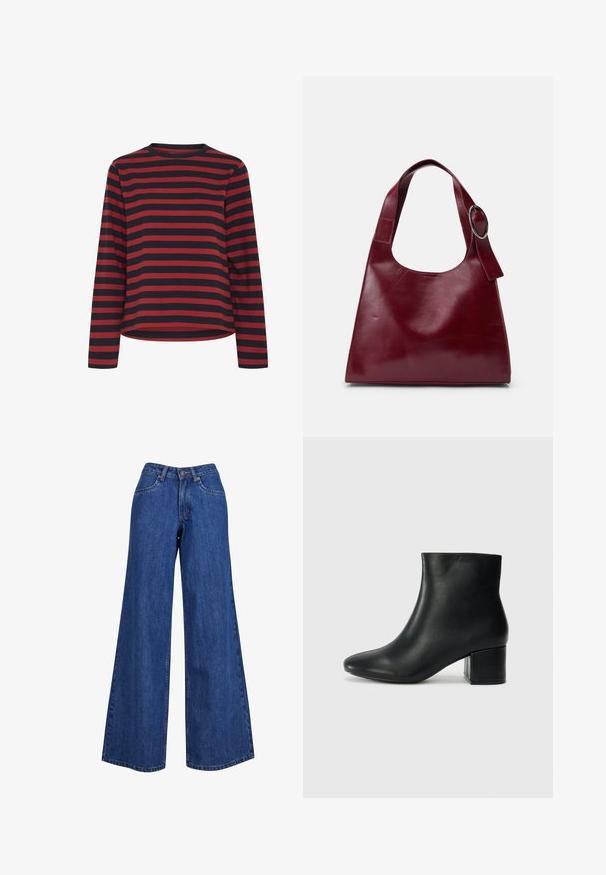 Camisa de manga larga a rayas negras y rojas, con cuello redondo, de tela de algodón, corte relajado, con dobladillo recto y costuras laterales.; Jeans de mezclilla de pierna ancha en azul medio, con una cintura alta, costuras en contraste y un diseño clásico de cinco bolsillos.; Botas de cuero negras hasta el tobillo con una punta afilada y un tacón grueso. Textura lisa con acentos mínimos y un diseño elegante y ajustado.; Bolso tote de cuero burdeos con una textura suave y lisa, que cuenta con una amplia correa de hombro y un acento de anillo metálico. Diseño minimalista.