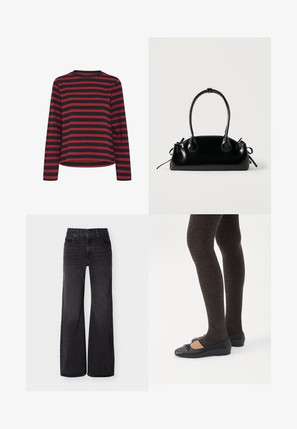 Camisa de manga larga a rayas negras y rojas, con cuello redondo, de tela de algodón, corte relajado, con dobladillo recto y costuras laterales.; Vaqueros negros de cintura alta y pierna ancha con botones delanteros, cremallera, trabillas para cinturón y diseño de cinco bolsillos sobre un fondo liso.; Piernas con leggings oscuros acanalados combinados con bailarinas negras que presentan pequeños detalles de lazo sobre un fondo blanco.; Pequeño bolso negro brillante con dos asas largas y detalles de cordón lateral sobre un fondo claro liso.