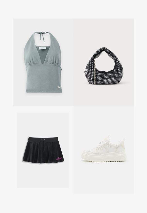 Το μπλουζάκι crop top με λαιμόκοψη halter σε ήσυχο γκρίζο χρώμα, φτιαγμένο από μαλακό ύφασμα, διαθέτει συγκεντρωμένη περιοχή στο στήθος, λεπτομέρειες από δίχτυ και μια μικρή ετικέτα με λογότυπο στο τελείωμα.; Μαύρη μίνι φούστα από βελούδο με ελαστική μέση, διαθέτει κορδόνι και ροζ κεντημένη λεπτομέρεια "Angel" στο τελείωμα.; Λευκά δερμάτινα sneakers με χοντρή σόλα, σχέδιο δέσιμο και διακριτική επωνυμία. Διαθέτουν λεία υφή και στρογγυλή μύτη.; Μαύρη τσάντα mesh διακοσμημένη με ασημένιες καρφίτσες, με καμπύλη λαβή και αλυσίδα. Μαλακή υφή με στρογγυλό σχήμα.