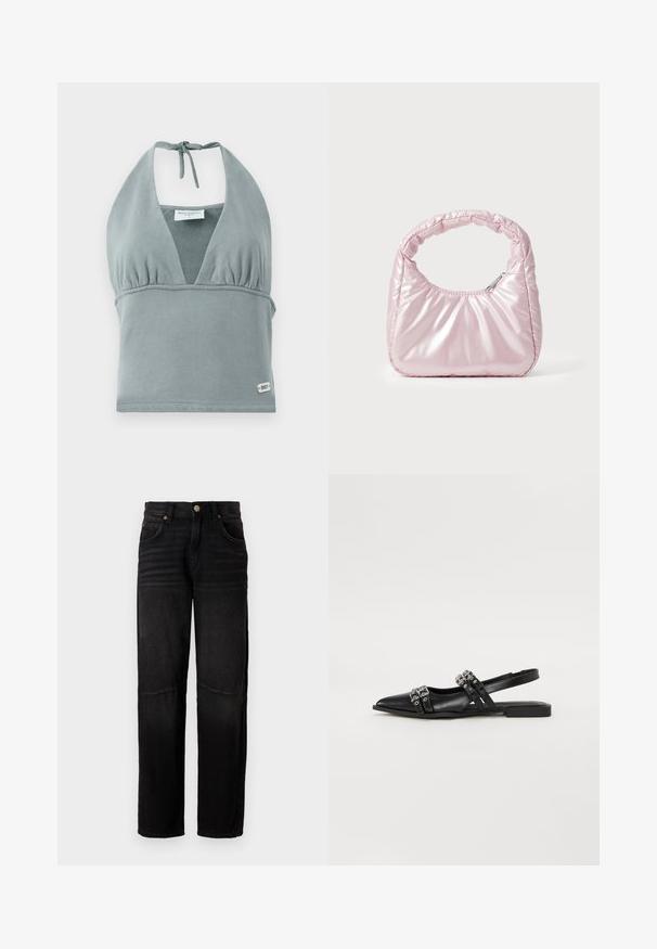 Το μπλουζάκι crop top με λαιμόκοψη halter σε ήσυχο γκρίζο χρώμα, φτιαγμένο από μαλακό ύφασμα, διαθέτει συγκεντρωμένη περιοχή στο στήθος, λεπτομέρειες από δίχτυ και μια μικρή ετικέτα με λογότυπο στο τελείωμα.; Μαύρα τζιν παντελόνια με ίσια γραμμή, στυλ πέντε τσεπών, κλείσιμο με κουμπί και ήπια φθαρμένα σημεία στους μηρούς και τα γόνατα.; Even&Odd by Zalando Μπαλαρίνες με λουράκι στον αστράγαλο - black; Ροζ, επενδεδυμένη τσάντα χειρός με στρογγυλεμένο σχέδιο, κατασκευασμένη από γυαλιστερό υλικό. Διαθέτει μαζεμένη λαβή και κλείσιμο με φερμουάρ για ασφαλή πρόσβαση.
