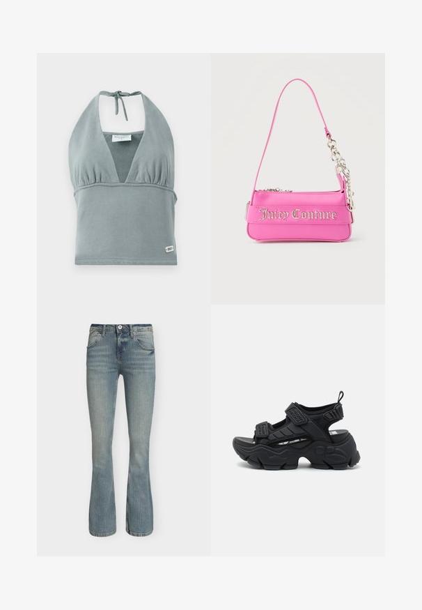 Crop top à col halter en gris doux, fabriqué en tissu doux, avec un bustier froncé, des détails en maille et une petite étiquette logo en bas.; Jean en denim bleu clair avec fines rayures verticales discrètes, bouton et fermeture éclair à l'avant, et jambes légèrement évasées.; Buffalo BINARY TRACK - Sandales à plateforme - black; Petit sac à main Juicy Couture rose vif avec détail en chaîne argentée et lettrage du logo sur le devant, une seule bandoulière étroite.