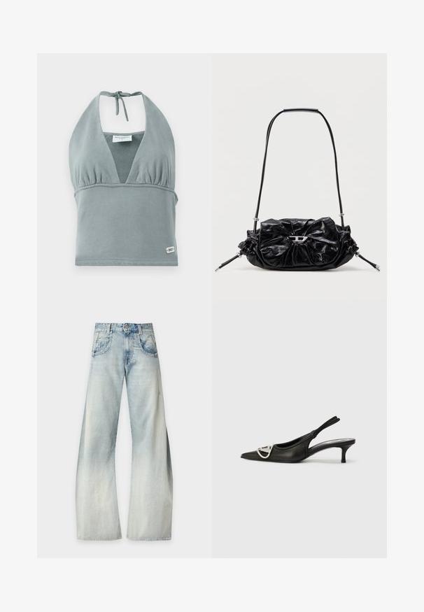 Halter-neck crop top i dæmpet grå, lavet af blødt stof, med en sammensunket buste, mesh-detaljer og et lille logo mærke ved kanten.; Lyseblå falmede jeans med vide ben, forlommer, bæltestropper og knaplukning på en ensfarvet baggrund.; Sorte læderslipsko med spids tå, der har en sølvlogo detalje og en lille hæl. Glat tekstur og minimalistisk design.; Sort læderhåndtaske med et opsamlet design og sløjfedetalje foran. Har en kort hank og sølvfarvede hardware-accenter.