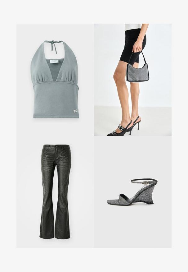 Halter-neck crop top i dæmpet grå, lavet af blødt stof, med en sammensunket buste, mesh-detaljer og et lille logo mærke ved kanten.; Sorte faux læder flared jeans med forlommer, en metalknaplukning og en let tekstureret overflade. Ret ben med en lang skæring.; Sølvsandaler med glimmer, kilehæl, åben tå, ankelrem og guldlås, vist fra siden på en ensfarvet lys baggrund.; Sort perlehandtaske med en buet silhuet, bærehåndtag og blank overflade. Båret med højhælede sorte sko og tætsiddende sorte shorts.