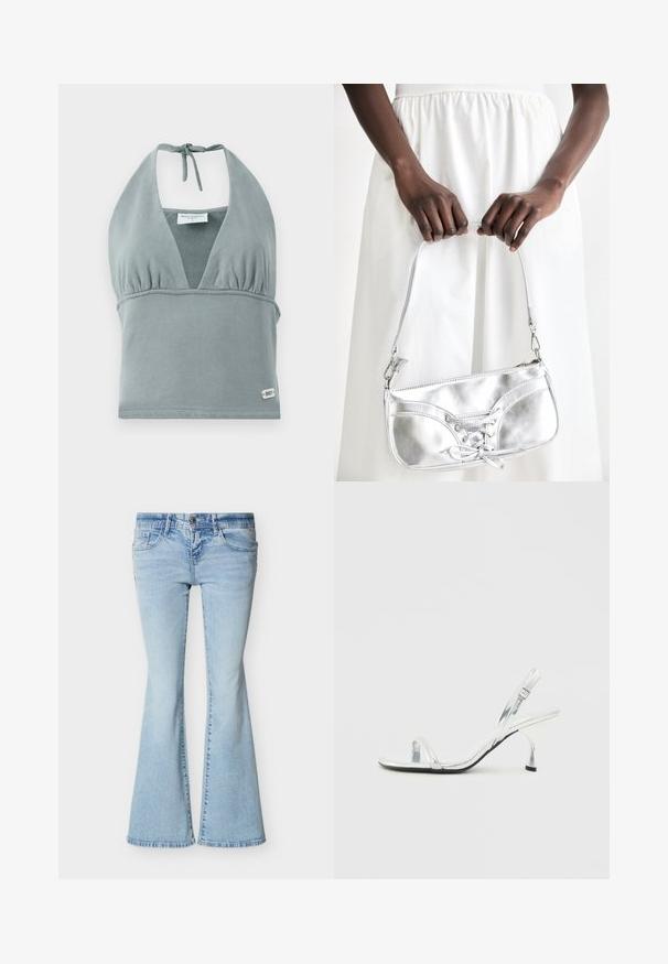 Halter-neck crop top i dæmpet grå, lavet af blødt stof, med en sammensunket buste, mesh-detaljer og et lille logo mærke ved kanten.; Lyseblå denimjeans med høj talje og vide, udvidede ben, der har forlommer og lukkes med knapper.; Sølv patentlæder slingback højhælede sandal med en smal tårem, justerbar spænde og en slank hæl.; Sølvmetallic håndtaske med snøredetaljer, der har et slankt design og en kort strop. Tasken holdes i hænderne for at fremvise dens tekstur.