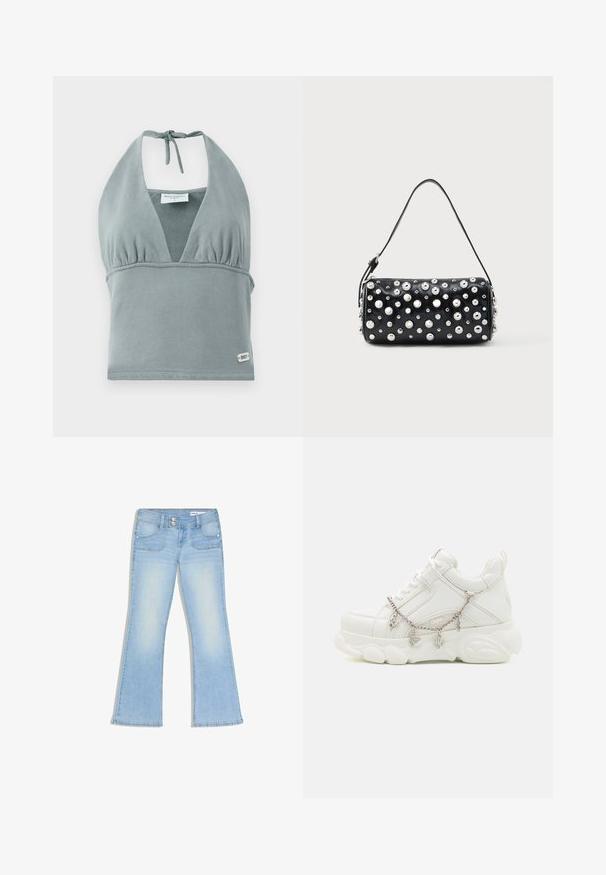 Halter-neck crop top i dæmpet grå, lavet af blødt stof, med en sammensunket buste, mesh-detaljer og et lille logo mærke ved kanten.; Lyseblå denimjeans med let falmning, vidde i benene, to forlommer, dobbelte knapper og bæltestropper.; Hvide sneakers med en kraftig sål, tekstureret læderoverdel og dekorativ metal kæde med charms. Har snørebåndslukning og polstret krave.; Sort læderhåndtaske med rund form, dekoreret med sølvnitter. Har en aftagelig rem og lynlås. Glat tekstur.