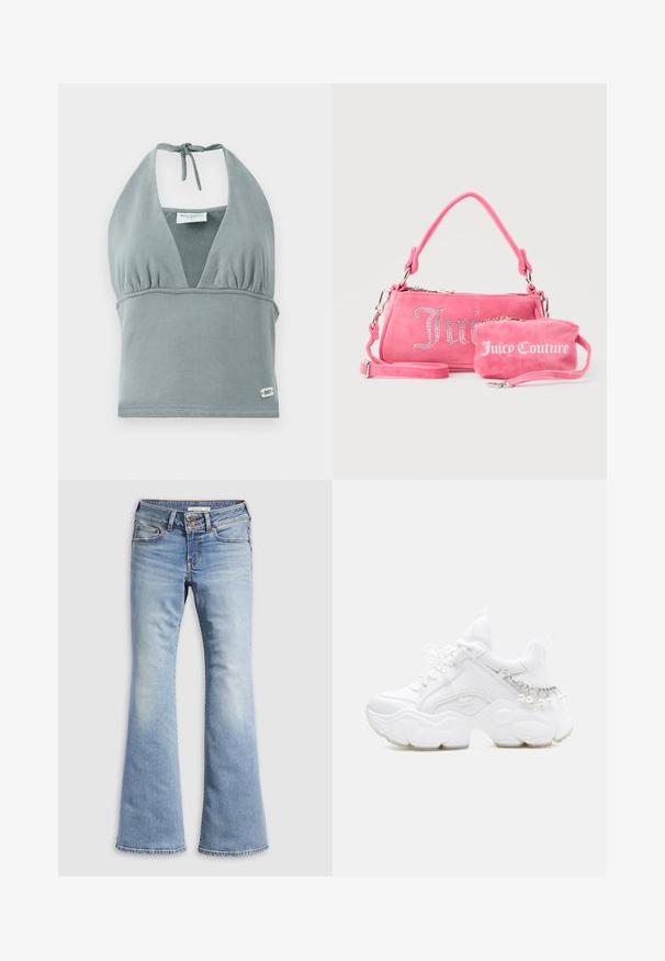 Halter-neck crop top i dæmpet grå, lavet af blødt stof, med en sammensunket buste, mesh-detaljer og et lille logo mærke ved kanten.; Lyseblå vidde jeans lavet af denim. Har knaplukning, fem lommer og falmet tekstur med sømløse kanter.; Hvid chunky sneaker med tyk sål, snørelukning foran og kædedetalje med hængende perler på hælen.; To lyserøde Juicy Couture-tasker, den ene større med krystalfarvet skrift og et håndtag, den anden mindre med hvid skrift og en håndledsrem, på en grå baggrund.