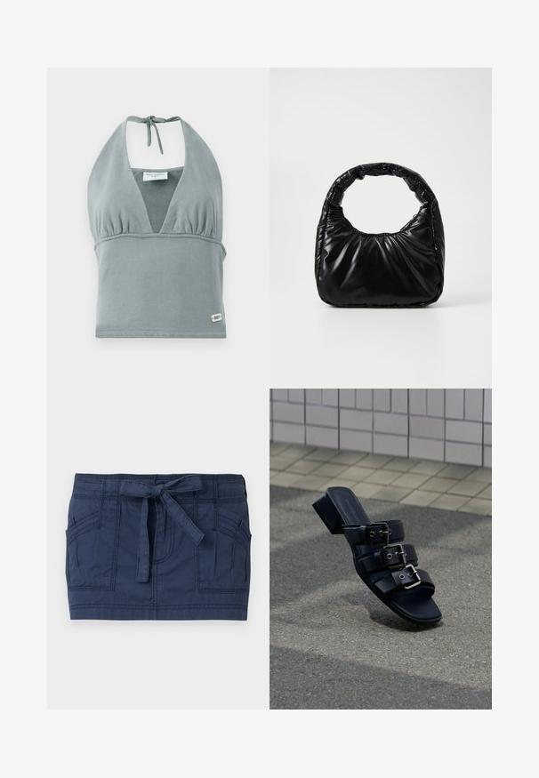 Halter-neck crop top i dæmpet grå, lavet af blødt stof, med en sammensunket buste, mesh-detaljer og et lille logo mærke ved kanten.; Marinblå mininederdel med store forlommer og et bundet stofbælte i taljen, lavet af tekstureret bomuldsstof.; Sort åben tå mule-sandal med tre spænderemme og lav blokhæl, placeret på asfalt overflade nær flisebelagt fortov.; Sort polstret håndtaske med et rundt håndtag, der har en glat, skinnende overflade og en blød, kviltet tekstur. Ingen synlige hardware eller accenter.
