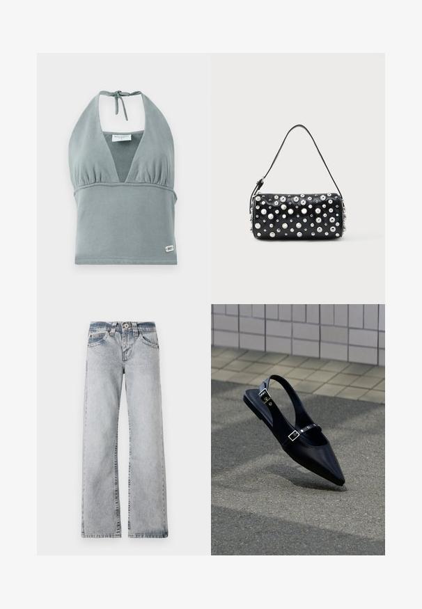 Halter-neck crop top i dæmpet grå, lavet af blødt stof, med en sammensunket buste, mesh-detaljer og et lille logo mærke ved kanten.; Lyseblå denimjeans med vid benlængde. Standard talje, fem lomme-stil og synlige syninger langs sømmene.; Sort flad slingback med spids tå og dobbelte spænder, hvilende på grå asfalt nær flisevæg.; Sort læderhåndtaske med rund form, dekoreret med sølvnitter. Har en aftagelig rem og lynlås. Glat tekstur.