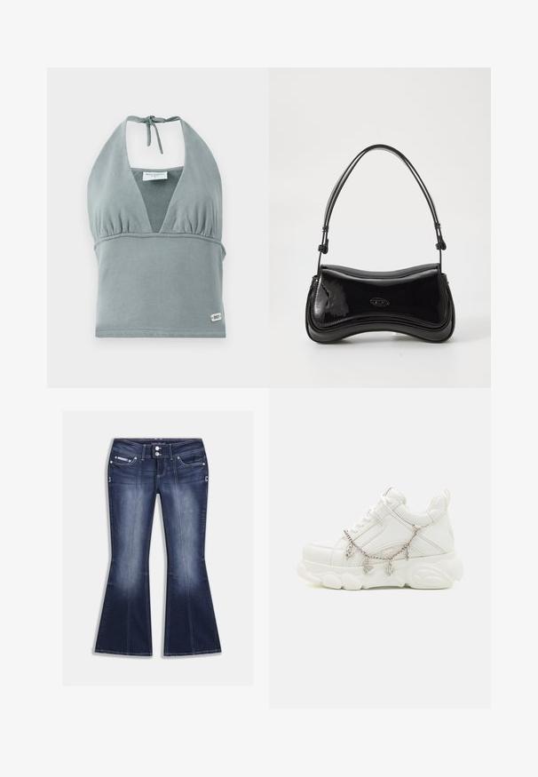 Halter-neck crop top i dæmpet grå, lavet af blødt stof, med en sammensunket buste, mesh-detaljer og et lille logo mærke ved kanten.; Mørkeblå, viddeudvidede jeans lavet af denim, med fem lommer, kontrastsyninger og lukning med knap samt dekorative detaljer foran.; Hvide sneakers med en kraftig sål, tekstureret læderoverdel og dekorativ metal kæde med charms. Har snørebåndslukning og polstret krave.; Sort patentlæder håndtaske med en buet form, et enkelt håndtag og en rund bund. Har en subtil logo-detalje på forsiden.