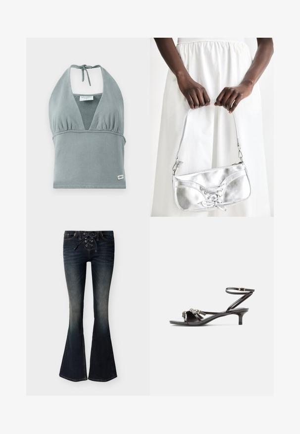 Halternek crop top in gedempt grijs, gemaakt van zachte stof, met een geplooid decolleté, mesh details en een klein logo label aan de onderkant.; Donkergewassen denim flare jeans met vetersluiting aan de voorkant en subtiele vervaging op de dijen en knieën.; Zwarte lakleren sandaal met dunne bandjes, een klein kittenhakje en verstelbare enkelgesp.; Zilveren metalen handtas met vetersluiting, met een strak ontwerp en een korte schouderriem. De tas wordt vastgehouden in de handen, waardoor de textuur goed tot zijn recht komt.
