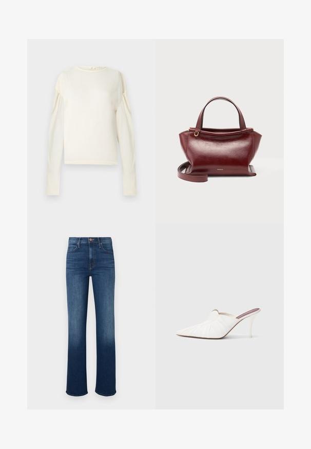 Tunique crème à manches longues en tissu doux. Elle présente un col rond et des manches bouffantes. Design simple, sans motifs ni éléments métalliques visibles.; Jeans en denim, bleu moyen, taille ajustée, jambe droite, légère décoloration à l'ourlet, conception à cinq poches, fermeture par bouton en métal.; Mules blanches à bout pointu, texture plissée sur le dessus, et talon stiletto fin. Surface lisse et design minimaliste.; Sac à main en cuir rouge foncé avec doubles poignées supérieures, bandoulière amovible, ferrures dorées et nom de la marque Wandler au centre avant.
